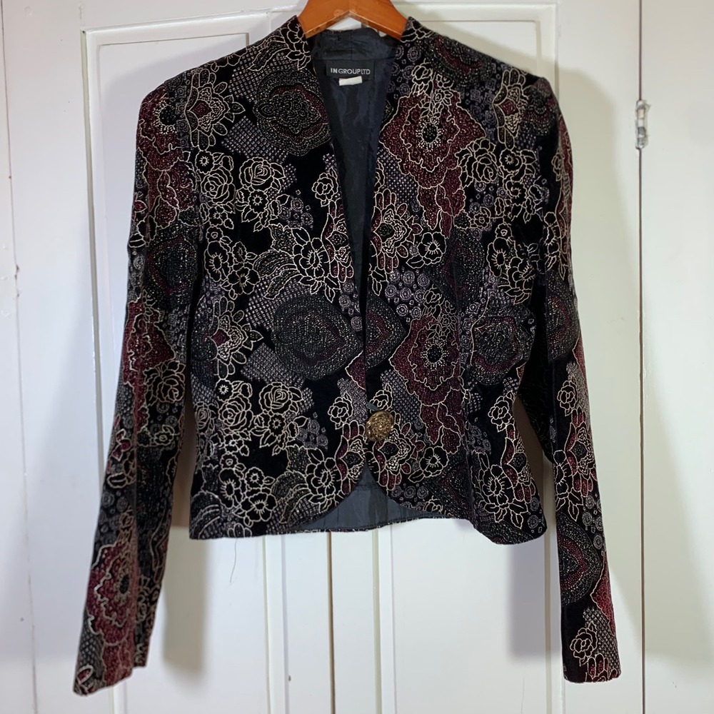 Vintage In Group Ltd Womens Velvet Metallic Floral Tapestry Blazer Jacket Black